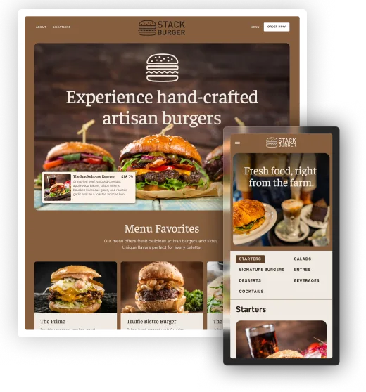 Stack Burger — home page and mobile menu