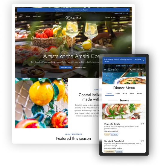 Ravello's — home page and mobile menu